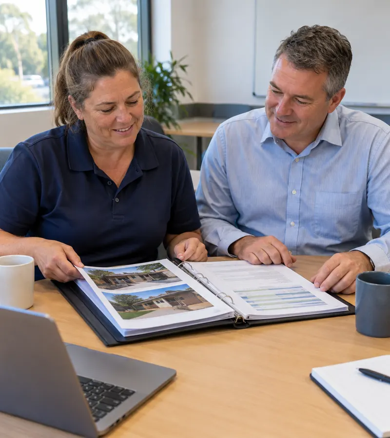 An experienced worker and an assessor smiling as they look through her portfolio of work evidence